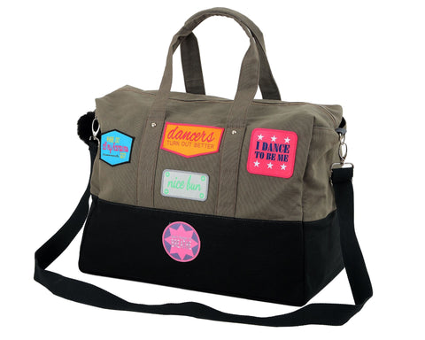 Patch Dance Bag with Pom Pom - Khaki Green & Dark Grey